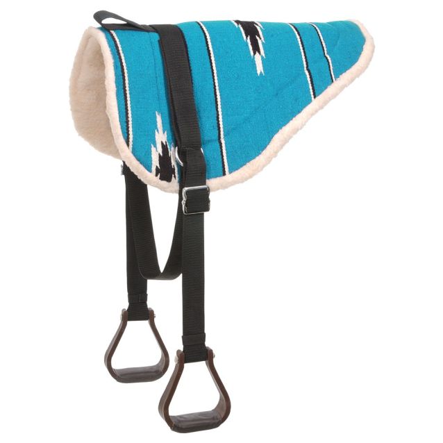 Turquoise and beige bareback saddle pad with black stirrup straps on a white background