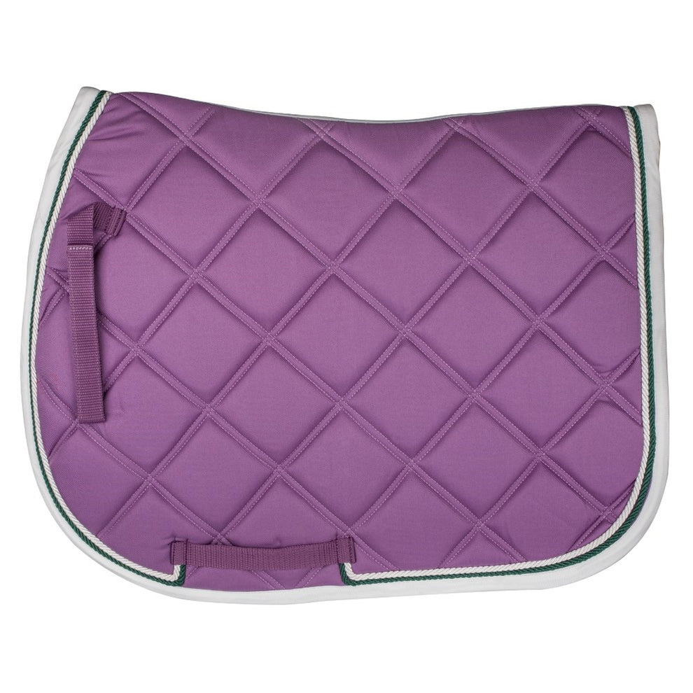 Purple quilted saddle pad with white and green edges on a white background