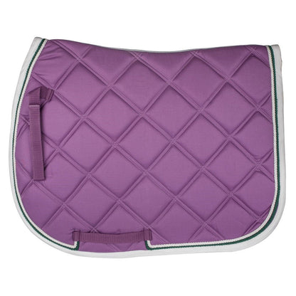 Purple quilted saddle pad with white and green edges on a white background