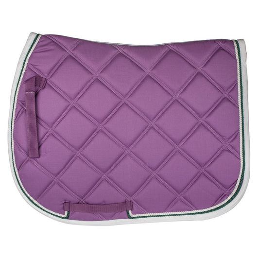 Purple quilted saddle pad with white and green edges on a white background