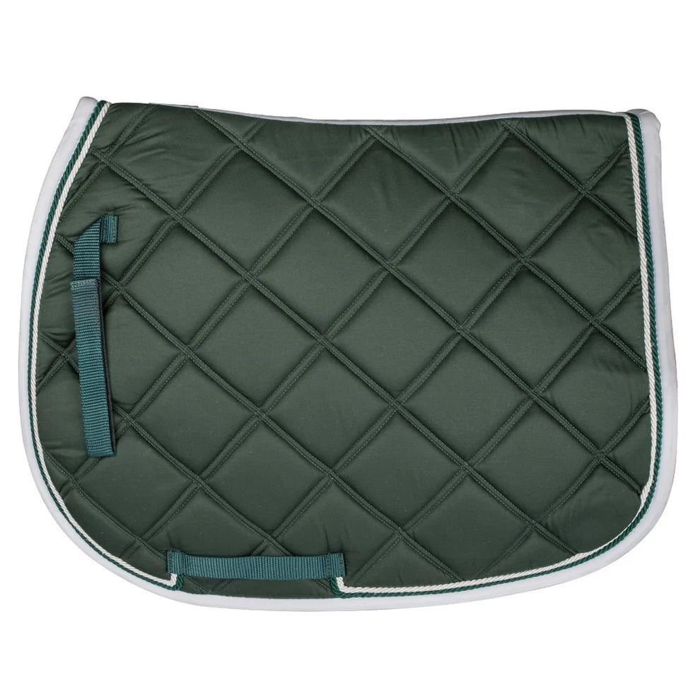 Green quilted saddle pad with white border and teal straps on a white background