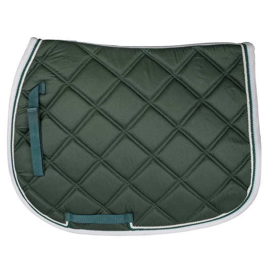 Green quilted saddle pad with white border and teal straps on a white background