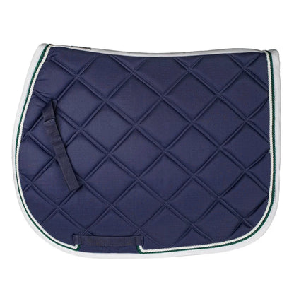 Navy blue quilted saddle pad with white border on a white background