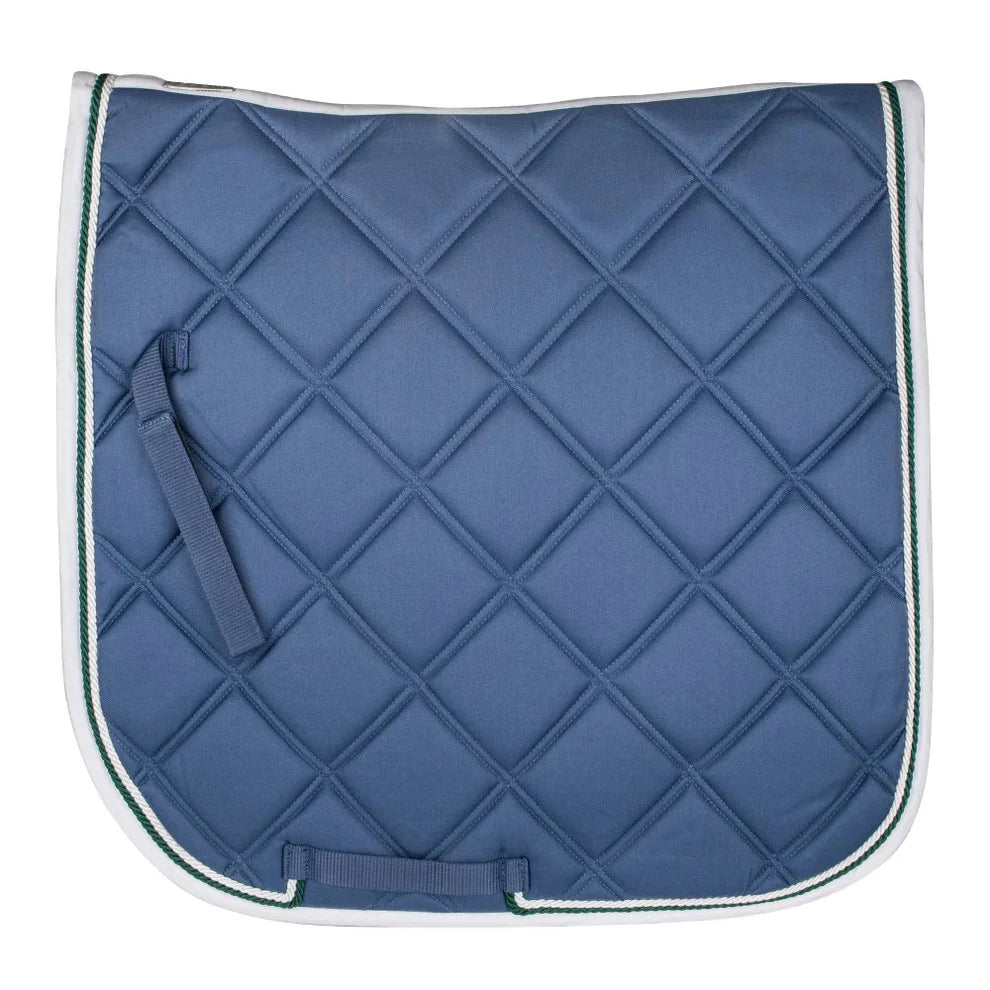 Blue quilted saddle pad with white border on a white background