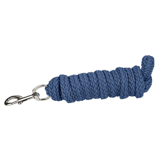 Slate blue lead rope with silver clip on a white background