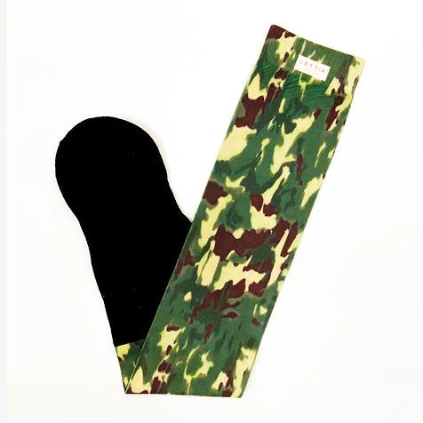 Camouflage-patterned sock with a black insole on a white background