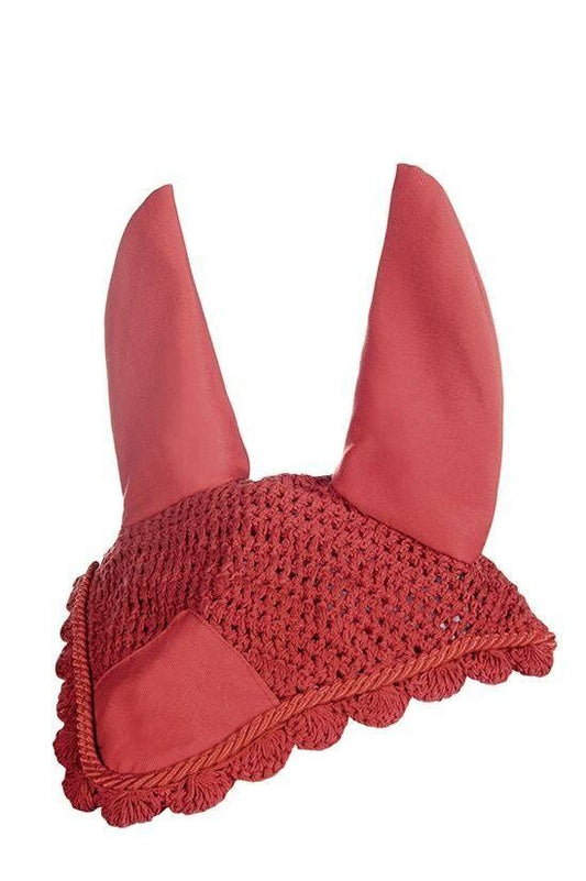 Equine fly bonnet.  Red crochet with red cord trim