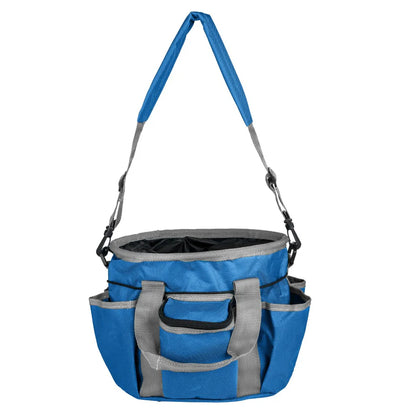 Blue and gray hanging organizer with multiple pockets on a white background