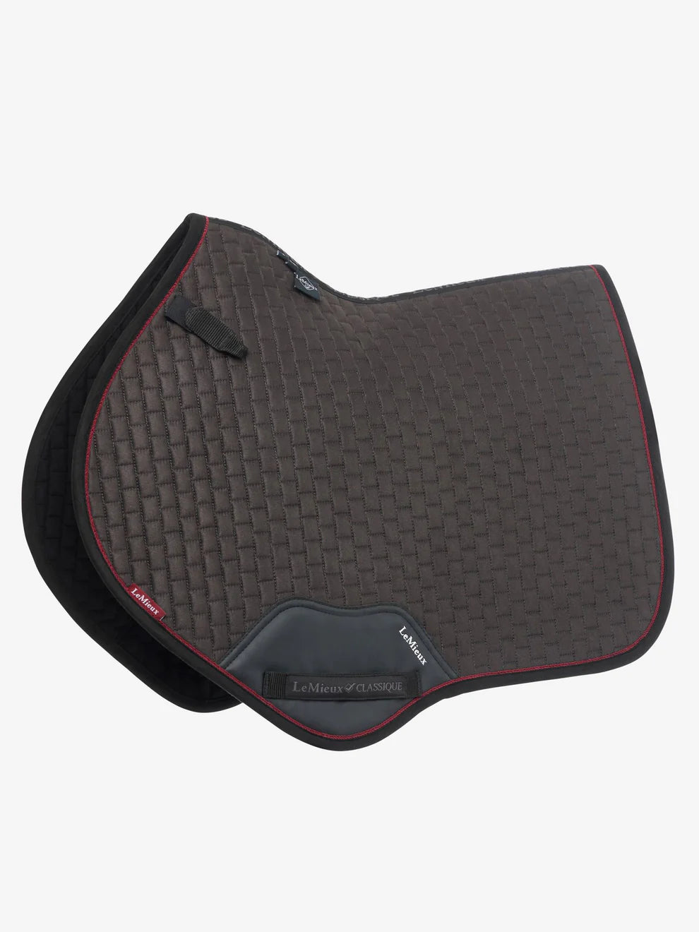 Dark saddle pad with red trim and Lemieux logo on a white background