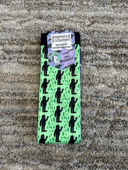 Lime green riding socks with Bigfoot patterned design