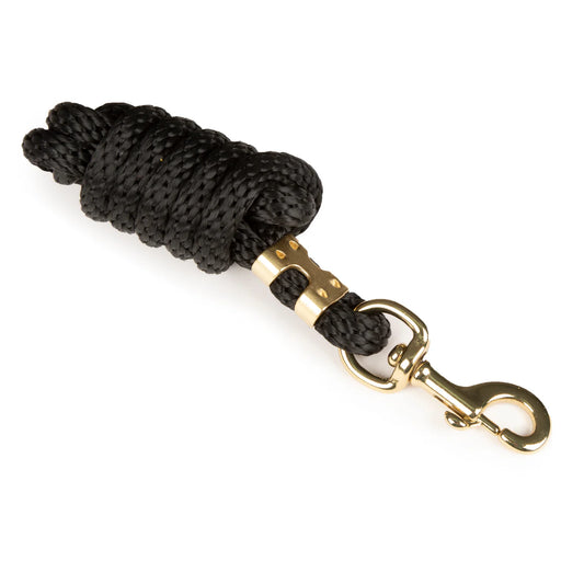 Black rope with gold hardware on a white background