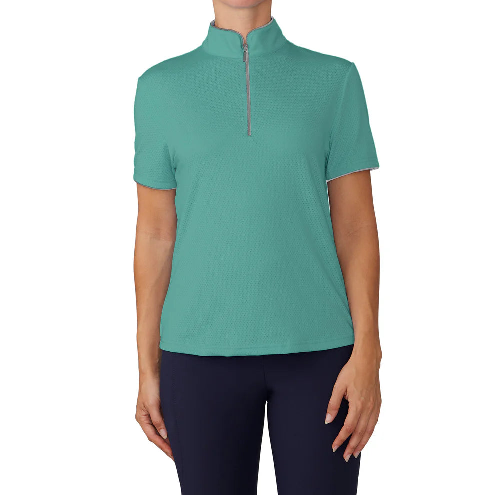 Teal short-sleeve shirt with a quarter zip on a white background