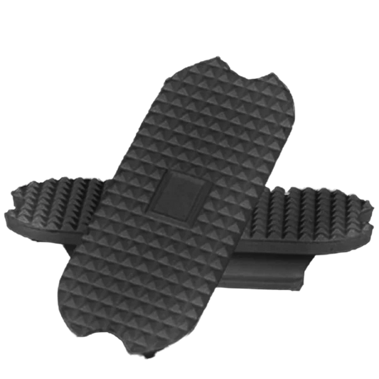Black textured stirrup pads on a white background