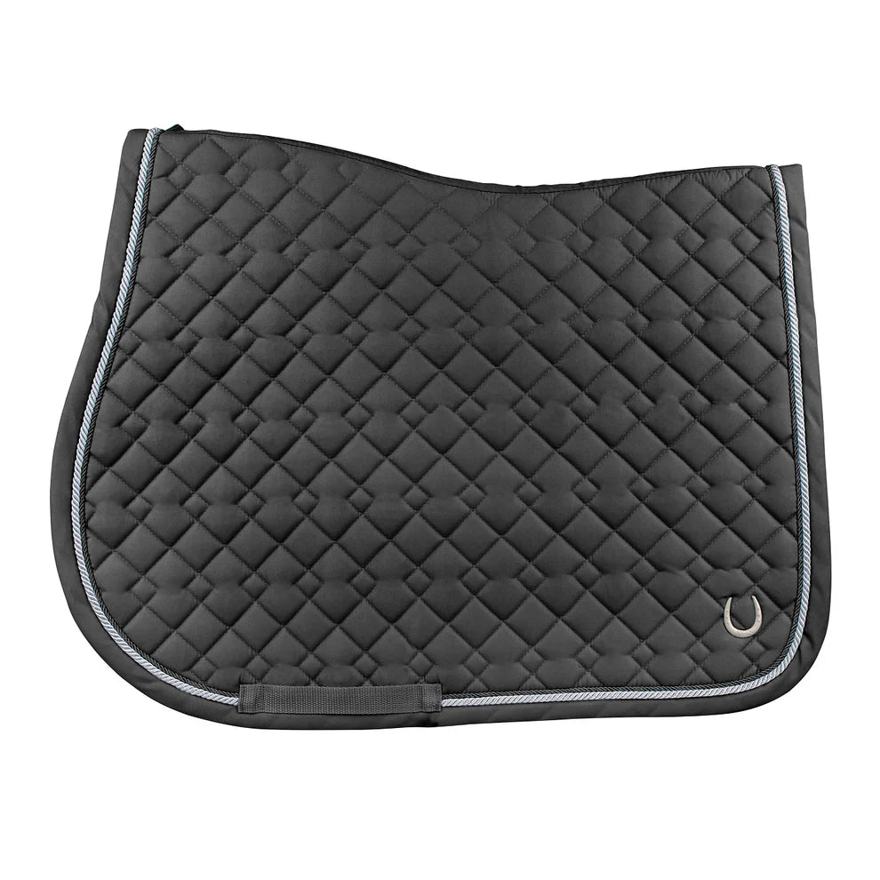 Black quilted saddle pad with a brand logo on a white background