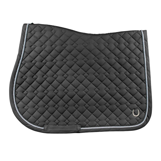 Black quilted saddle pad with a brand logo on a white background
