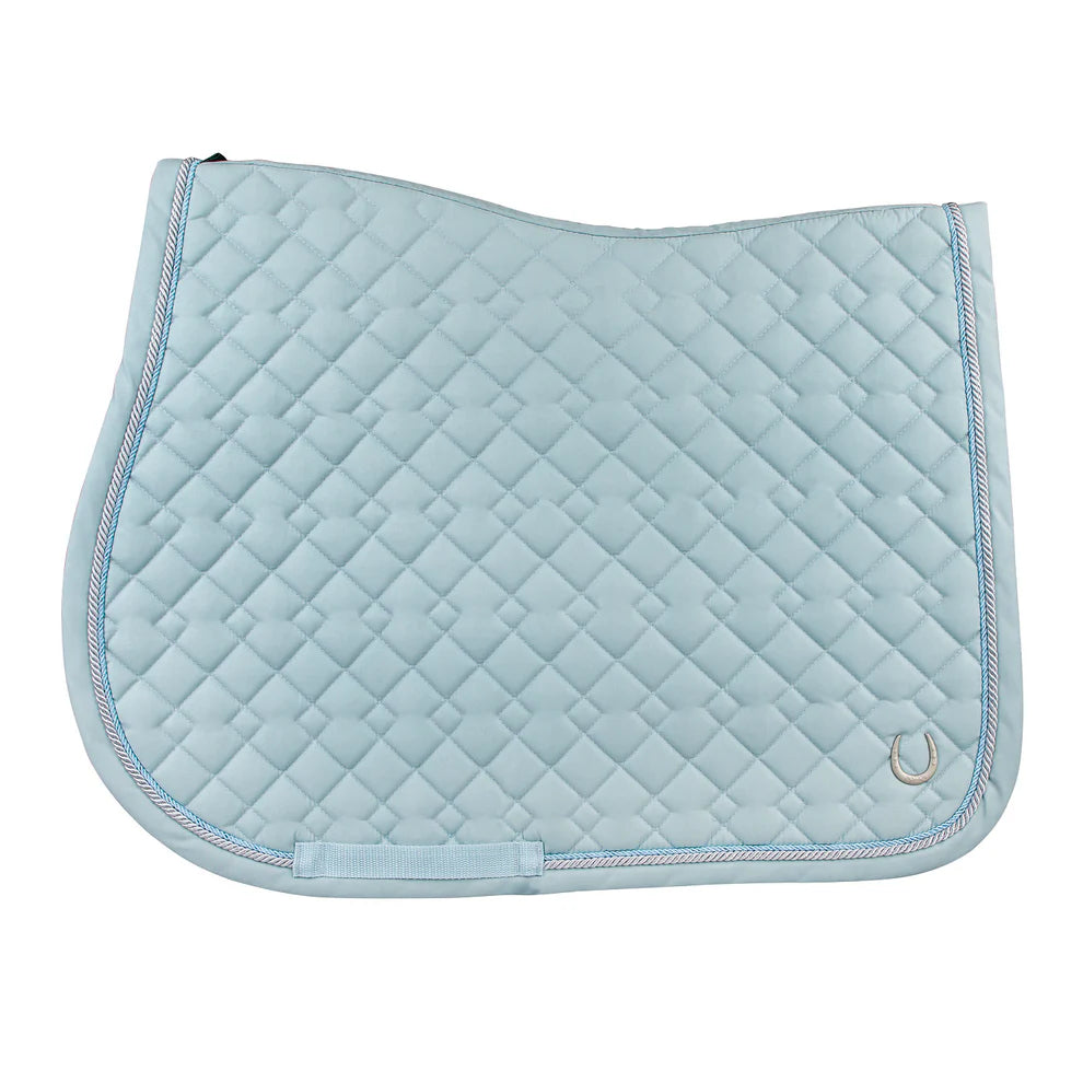 Light blue quilted saddle pad on a white background