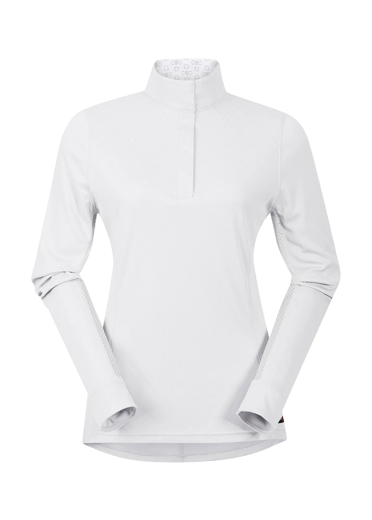 White long sleeve high collar equestrian show shirt - front view