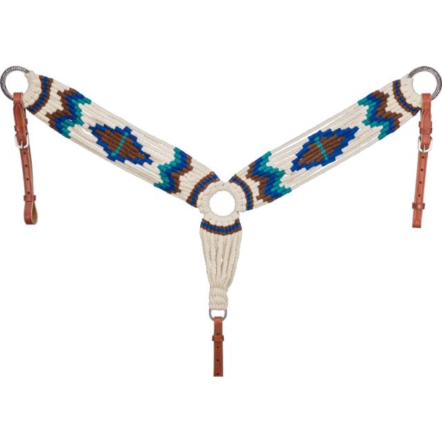 Decorative horse breast collar with blue and brown patterns on a white background