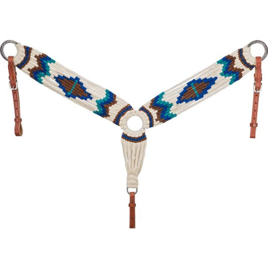 Decorative horse breast collar with blue and brown patterns on a white background