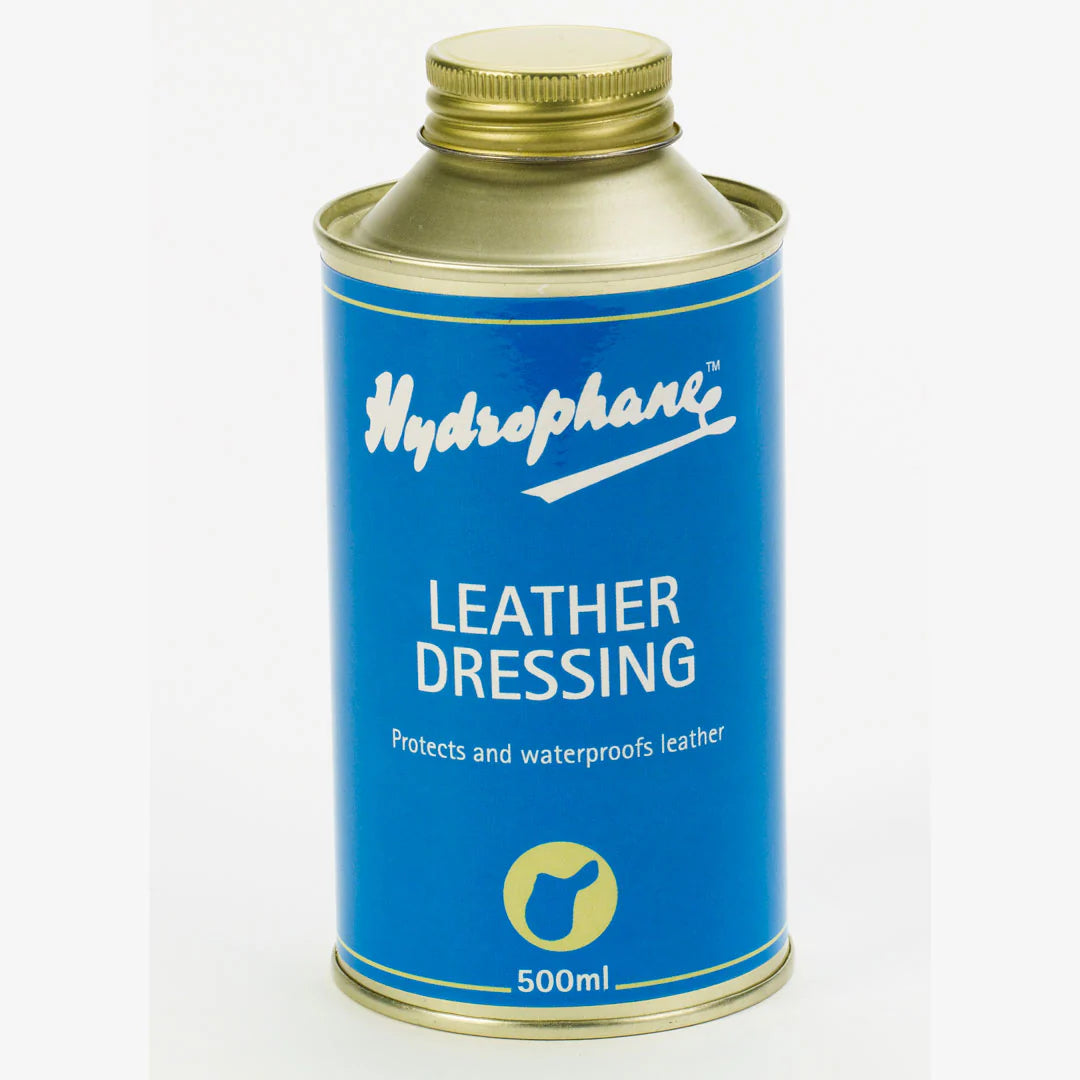 Blue can with white writing - Hydrophane Leather Dressing protects and waterroofs leather
