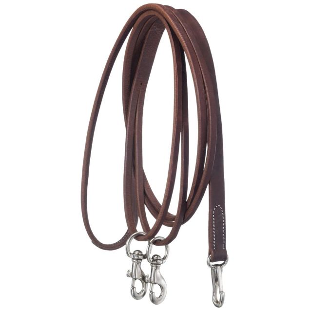 Brown leather draw reins with silver clasps on a white background