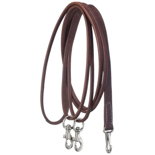 Brown leather draw reins with silver clasps on a white background