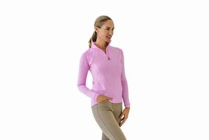 Woman wearing a pink long-sleeve shirt on a white background
