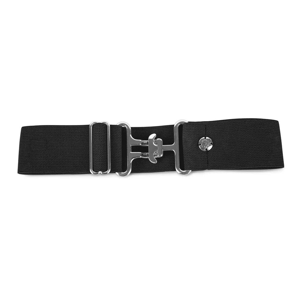 Black belt with silver buckle on a white background