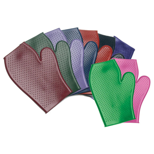 Set of colorful rubber grooming mitts on a white background