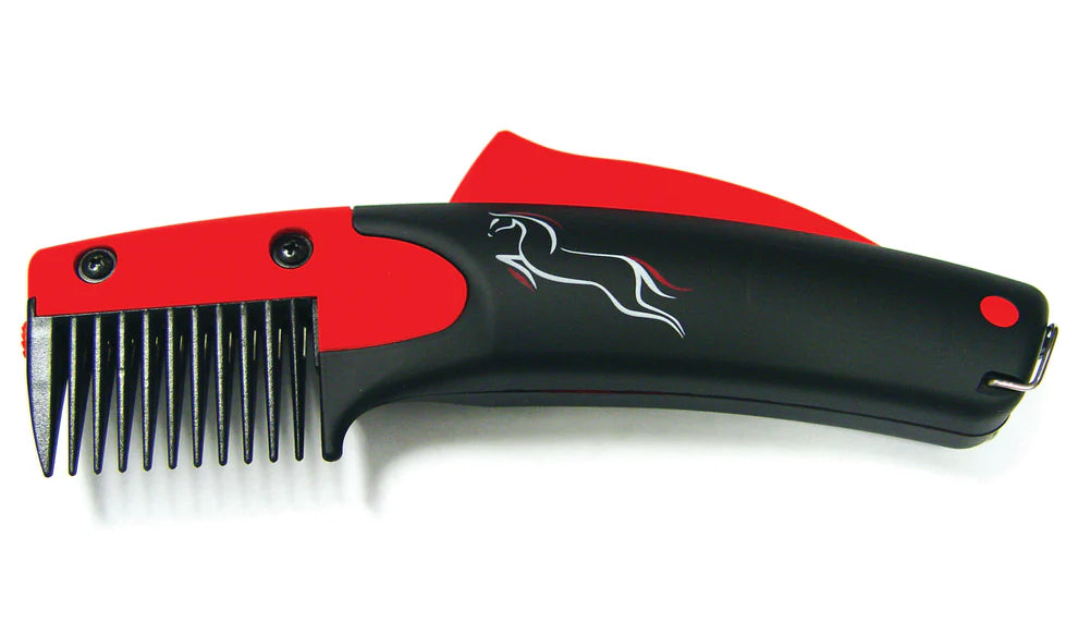Red and black grooming comb on a white background