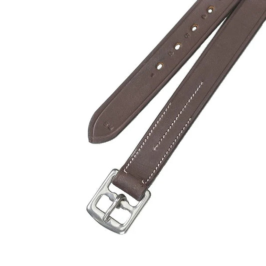 Brown leather stirrup leathers with silver buckle on a white background