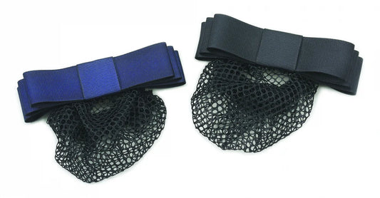 Two mesh hairnets with ribbons, one blue and one black, on a white background.