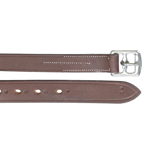 Brown stirrup leather with silver buckle on a white background