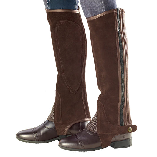 brown suede half chaps with outside zipper