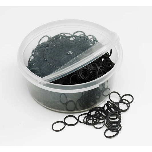 Clear container with black rubber bands on a white background