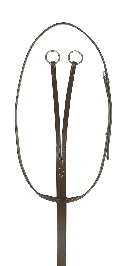 Brown leather running martingale with two rings on a white background