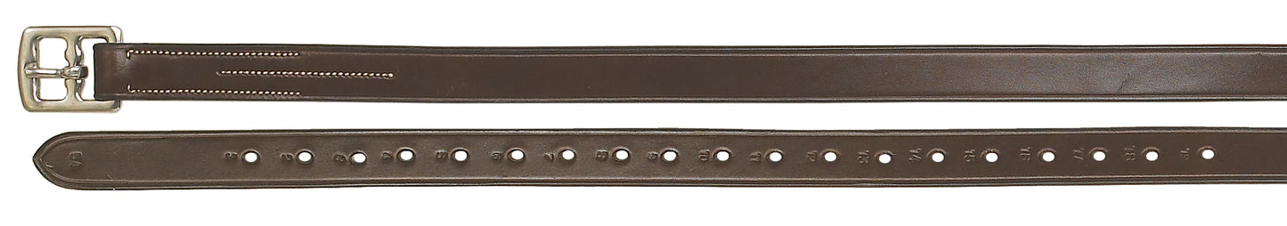 Brown leather stirrup leathers with a silver buckle on a white background