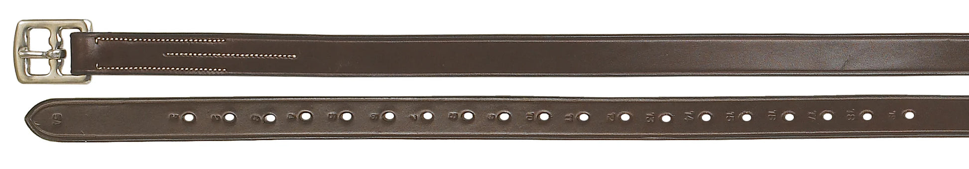 Brown leather stirrup leathers with a silver buckle on a white background
