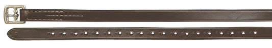 Brown leather stirrup leathers with a silver buckle on a white background