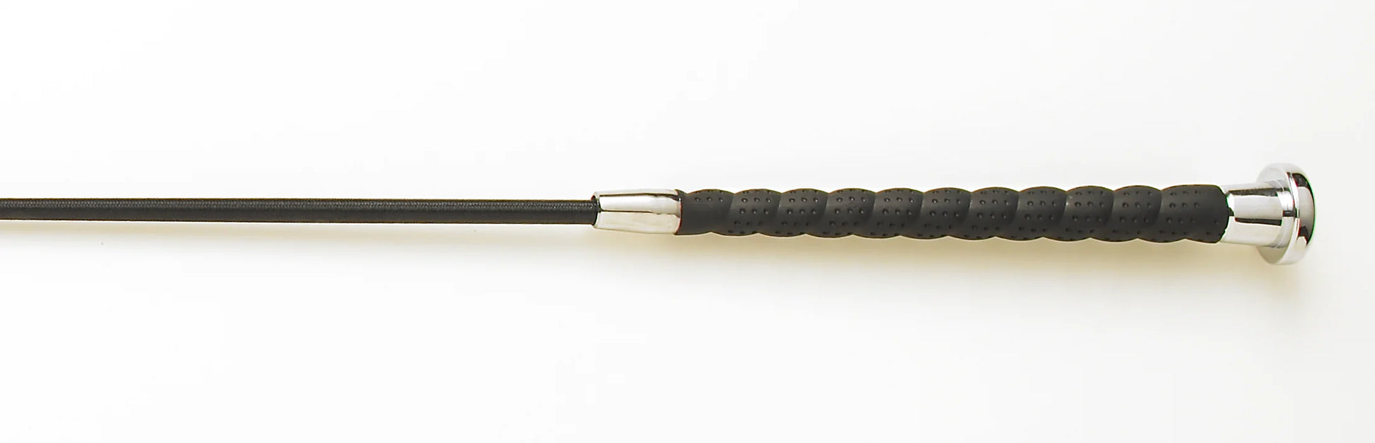 Black and silver riding crop on a white background