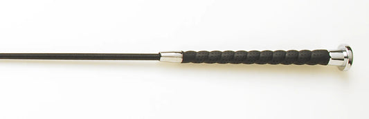 Black and silver riding crop on a white background