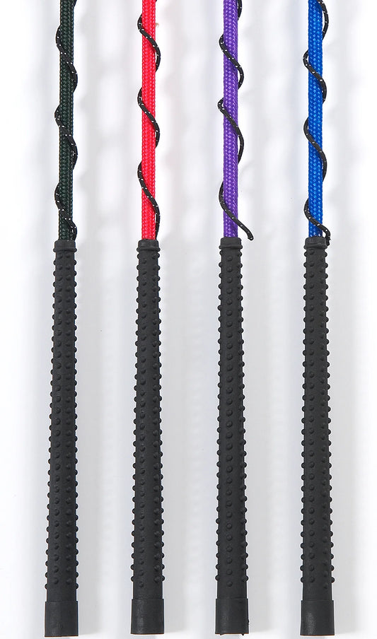 partial view of four different colored lunge whips for horses