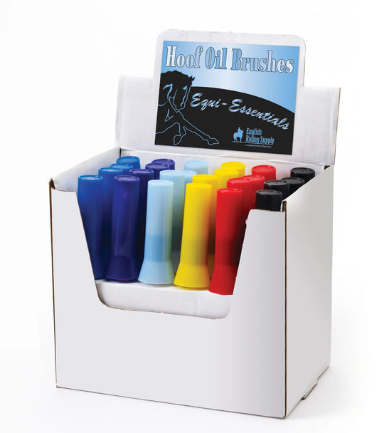 Display of hoof oil brushes in various colors with a branded sign above.