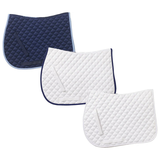 Three quilted saddle pads, one navy, one white with navy trim, and one white, on a white background.