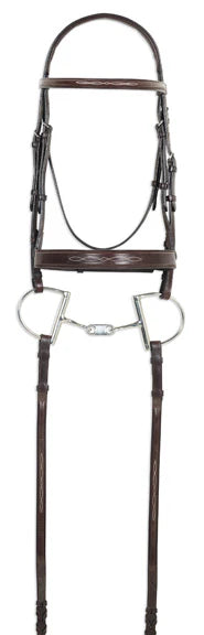 Brown horse bridle with metal bit on a white background