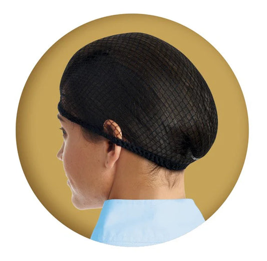 Woman wearing a dark colored hairnet