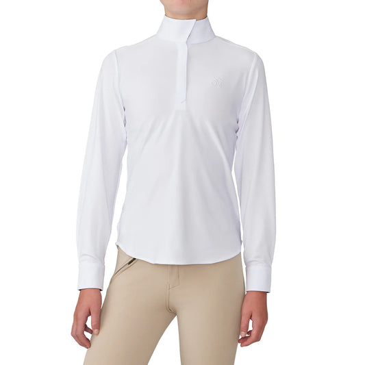 White long-sleeve show shirt worn by a person on a white background