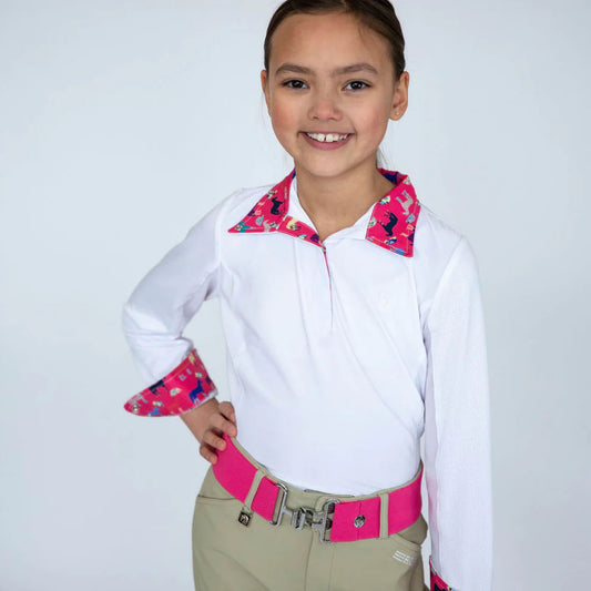 Child equestrian modeling a long sleeve show shirt with print collar and matching cuffs - pink print