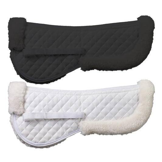 Black and white quilted saddle pad with fleece lining on a white background
