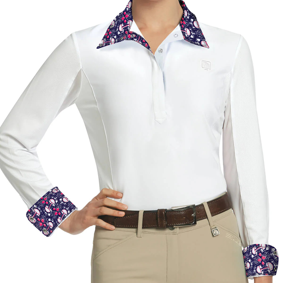 Long sleeve equestrian show shirt with patterned cuffs and collar